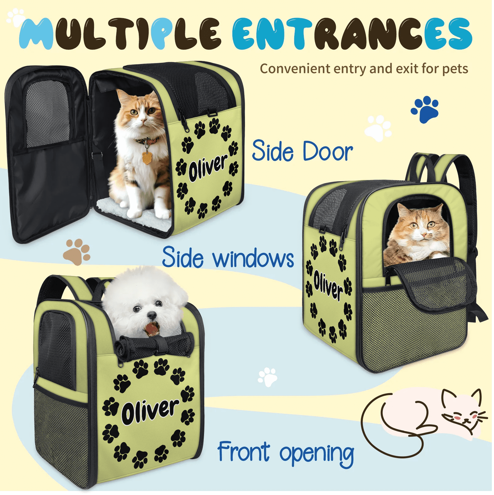 Custom Name Cat Carrier Backpack,Peresonalized Pet Backpack for Small Dogs & Cats Under 13lbs,Ventilated Pet Backpack Bag for Camping Biking Hiking Travel