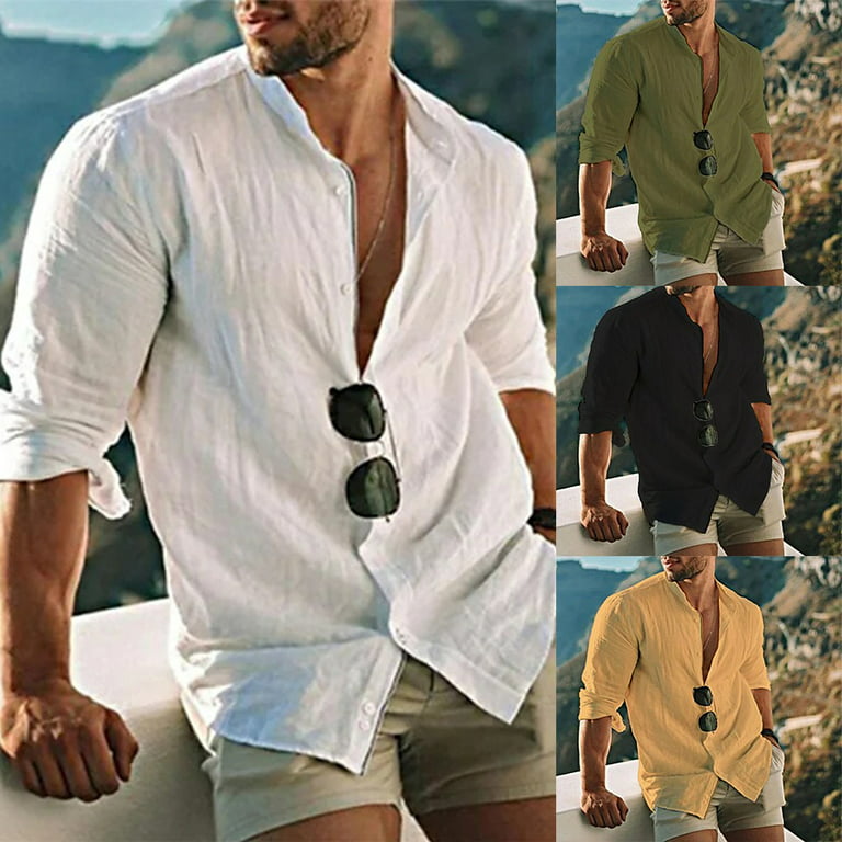 BUYISI Mens Casual Long Sleeve Shirt Solid Loose Button-down Tops T Shirt  Beach Blouse White XL