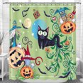 thumbnail image 1 of Whimsical Halloween Shower Curtain - Fun Characters, Black Cat, Witch & Ghost - Light Green Backgroundfor Festive Decor!, 1 of 4