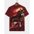 thumbnail image 5 of Men's Bold Wolf King Pattern T-Shirt - Casual Burgundy Short Sleeve Crew Neck T-Shirt with Fire Wolf Print, Lightweight Polyester Fiber, Perfect for Summer Outdoor Wear, 5 of 6