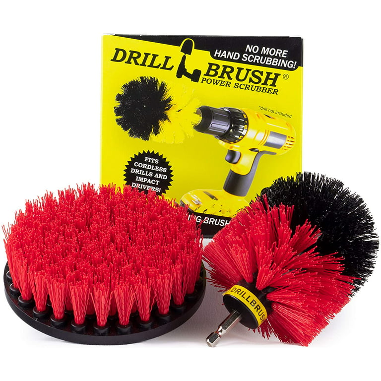Drill Brush - Outdoor - Cleaning Supplies - Spin Brush - Red Stiff Bristle Scrubber Set - Farm - Horse - Barn - Water Trough - Feed Buckets - Concrete