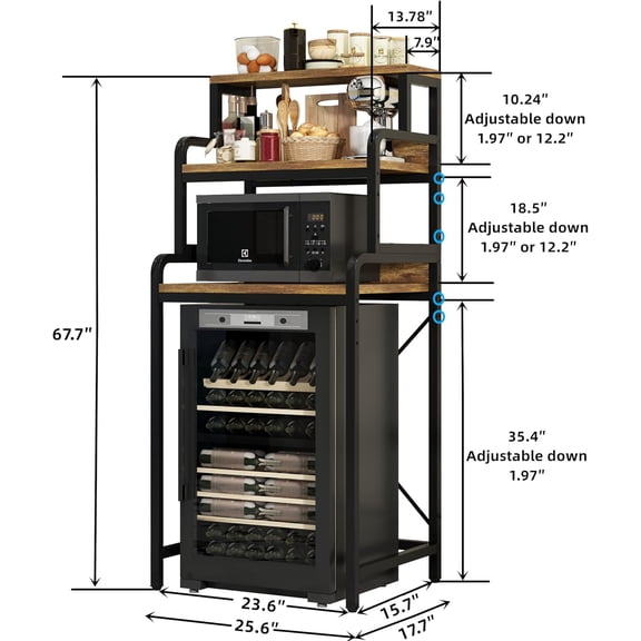 4- Tier Mini Fridge Stand Shelf with Power Outlet, Double-Purpose Rack, Mini Fridge & Microwave Oven Stand Table, Bar Cabinet, Free Standing Shelf for Office, Kitchen, Home.