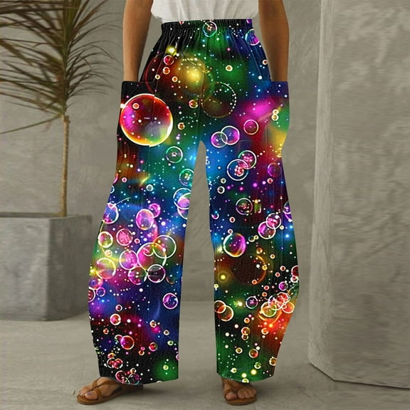 Bzhegqhd Women's Fashion Star Universe Print Straight Leg Retro Wide Trousers Loose Casual Pants