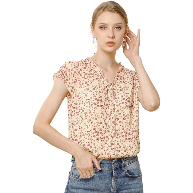 INSPIRE CHIC blusa de gasa con cuello en V de manga corta suelta para mujer Albaricoque XS