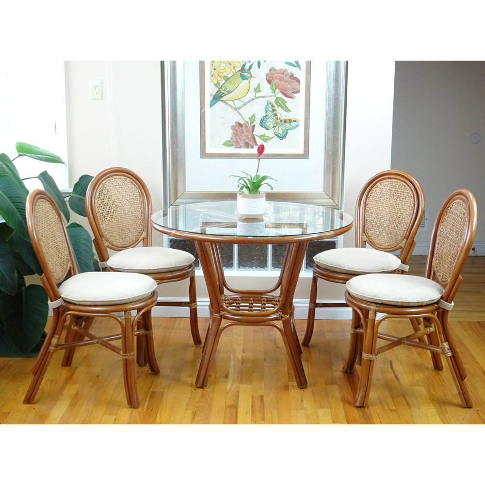 5-Pc Rattan Wicker Dining Set Round Table Glass Top and 4 Denver Side