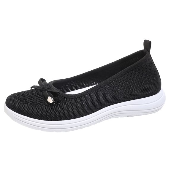 Women's Lightweight Knit Slip On Walking Shoes Comfortable Low Top Wedge Loafers Breathable Non Slip Ballet Flats Black Size 6.5