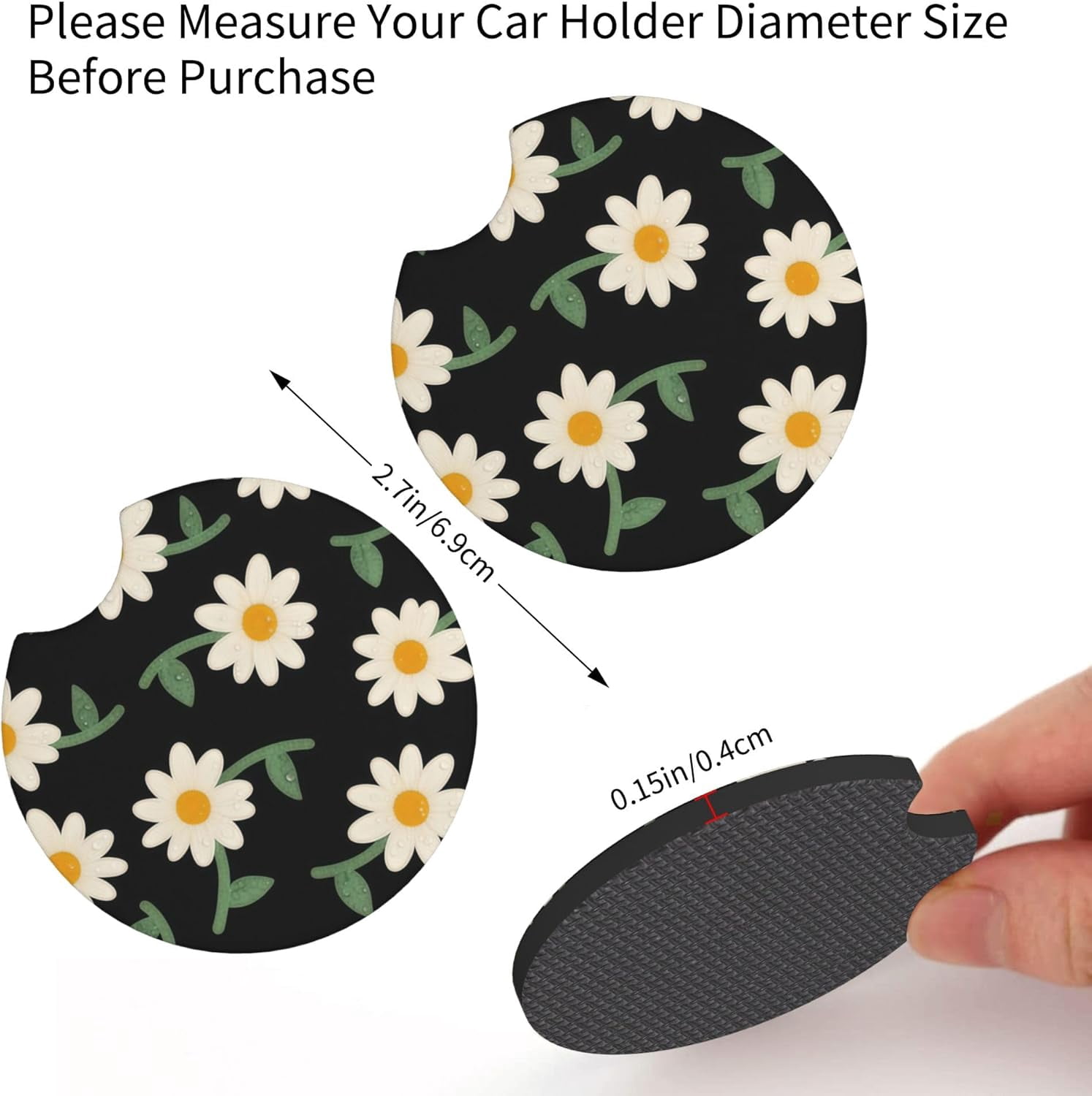 Daisy Flower Steering Wheel Cover for Women - Cute Anti-Slip Breathable Universal 14-15 Inch Car Wheel Cover with 2 Matching Coasters Set, Soft Comfort Grip Accessories