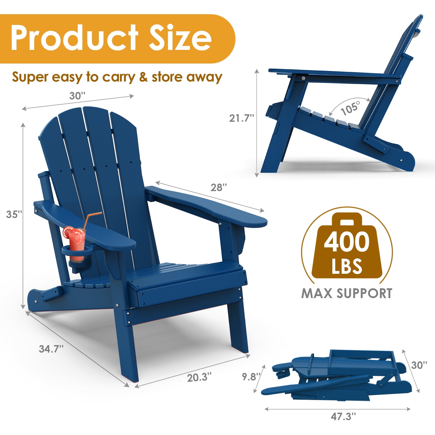 Pipopa Outdoor Folding HDPE Adirondack Chair Set of 2 with Cup Holder,All-Weather Patio Chair for Garden,Backyard,Pool,Blue