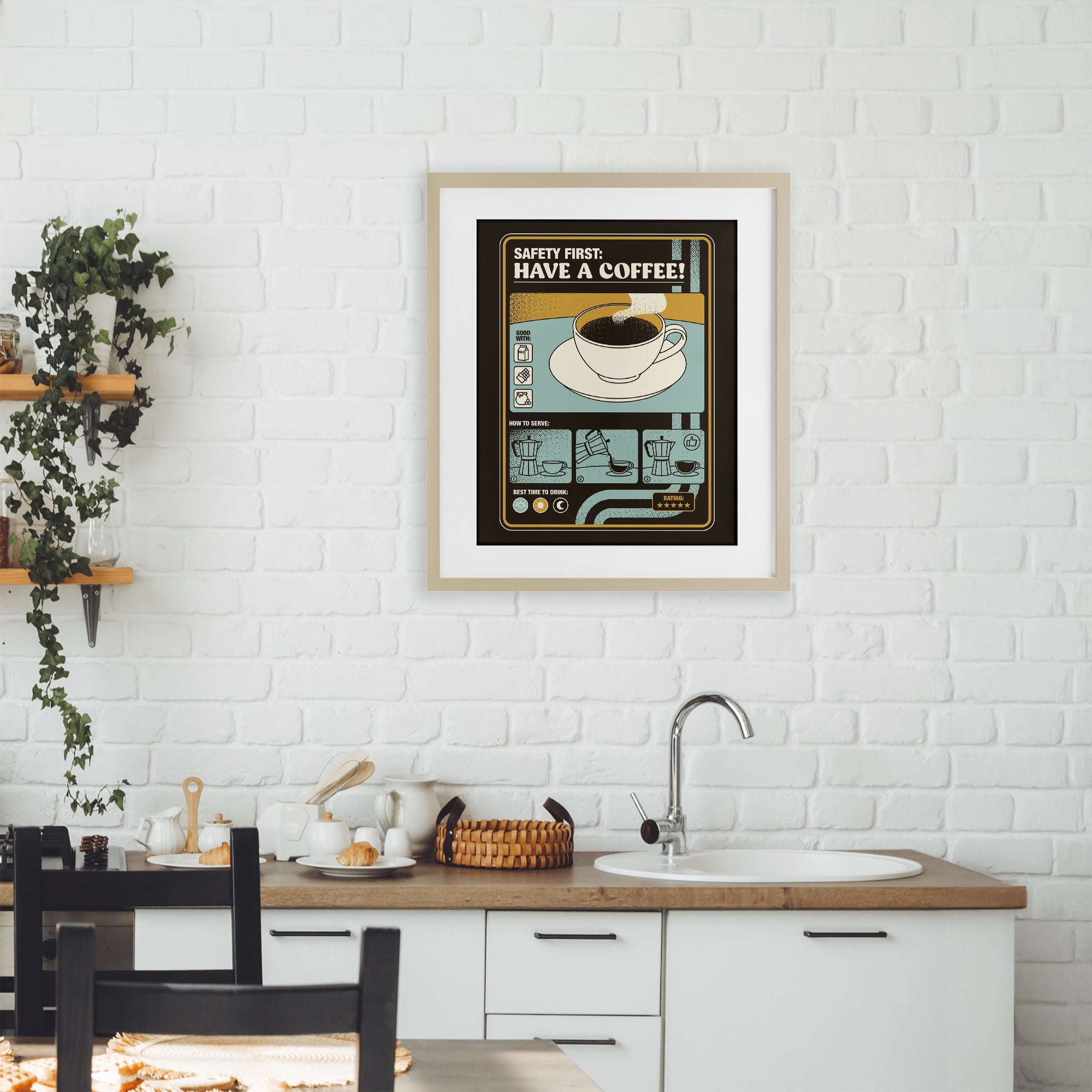 Stupell Industries Safety First Have A Coffee Birch Framed Print Under Glass, design by Tobe Fonseca