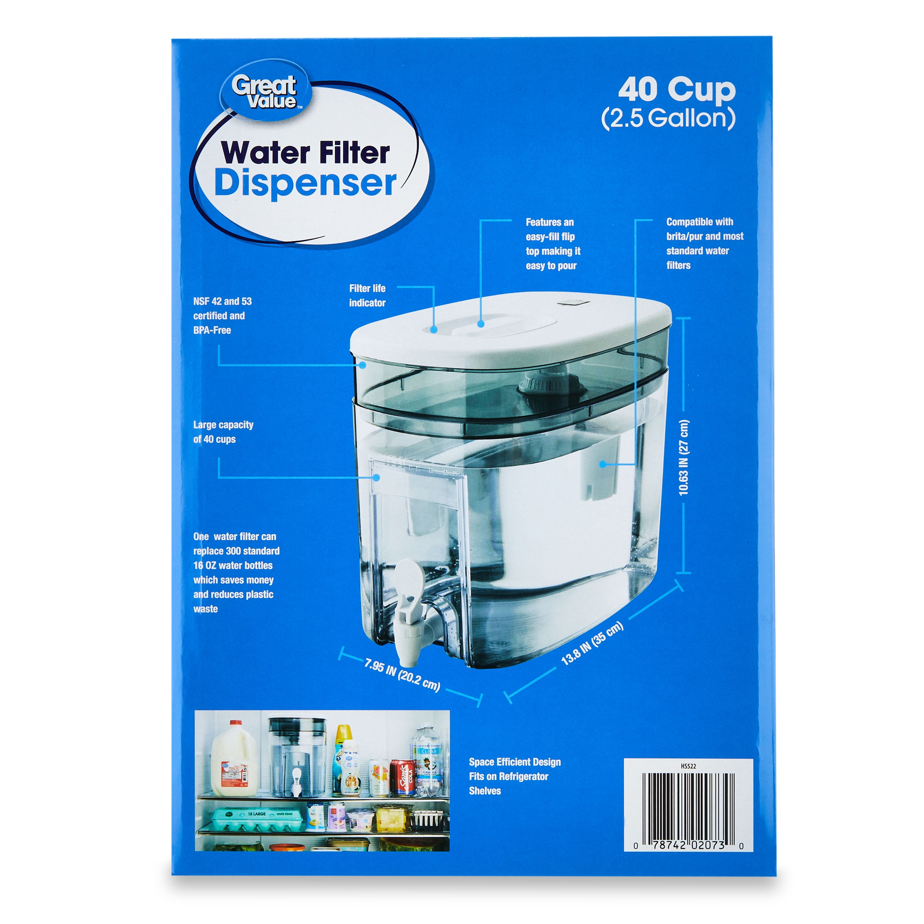 Great Value Water Filter Pitcher Tank, BPA-Free, 40 Cup Capacity, HS522 White Color