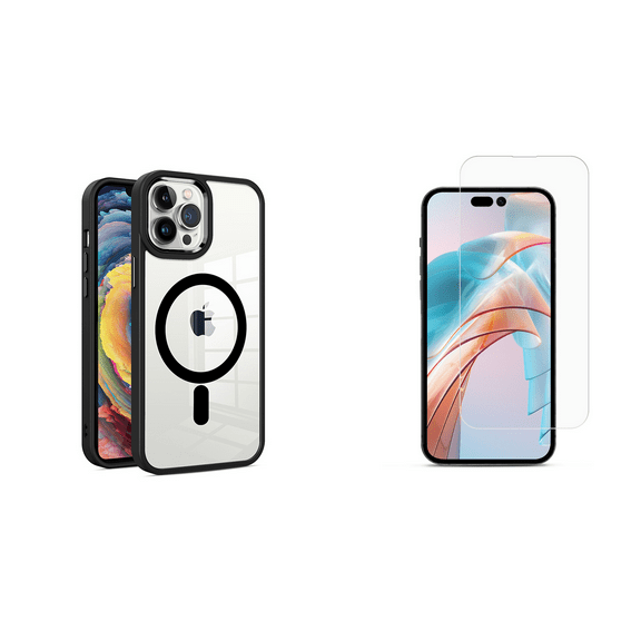 BEMZ Orbit (Compatible with MagSafe) Protective Case for iPhone 15 Pro Max (with Tempered Glass Screen Protector) Black / Transparent Clear