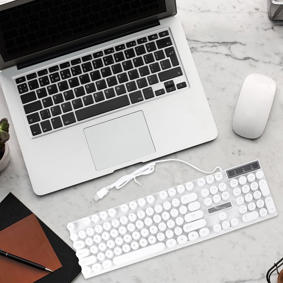 SHOWERORO White Computer Keyboard with USB Connection and Attractive Glowing Round Keys for Office Use