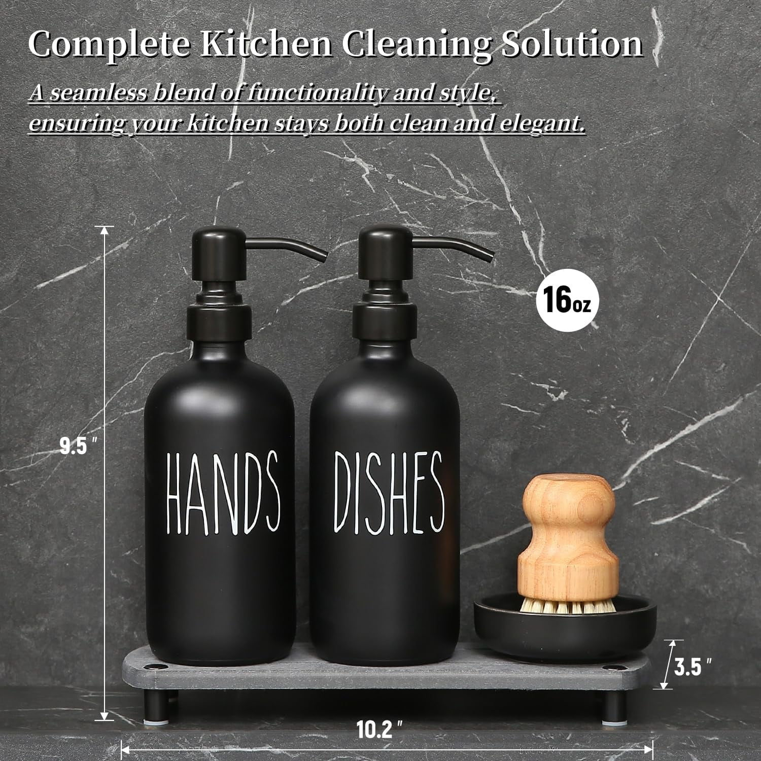 Matte Black Soap Dispenser Set Comes with Stainless Steel Pumps, Instant Dry Tray, and Dish Scrub Brush, Suitable for Matte Black Kitchen Accessories. (Black)