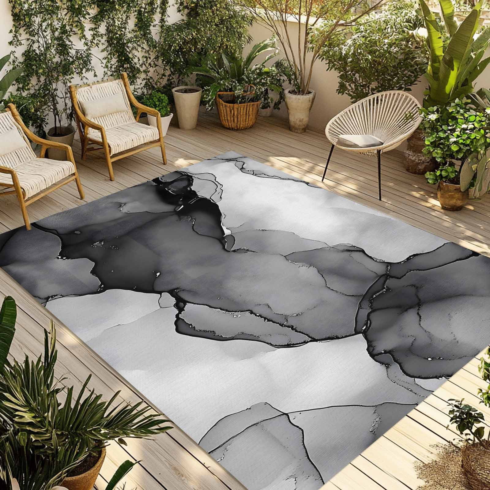 Outdoor Rug 5x8ft Abstract Ombre Grey Black Marble Large Area Rug Modern Art Indoor Outdoor Carpet Outdoor Rugs Mats for Patio Camping,RV,Front Door, Outside Decor