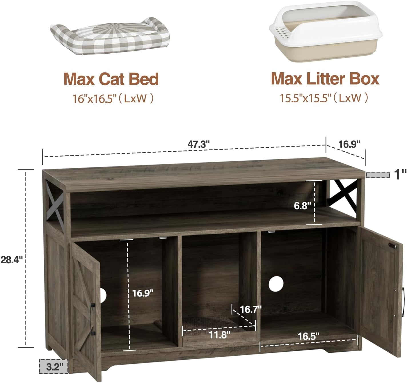 VEANERWOOD 47" Large Wood Cat Litter Box Enclosure, Hidden Cat House Washroom Furniture with Scratch Pad and Storage Shelf