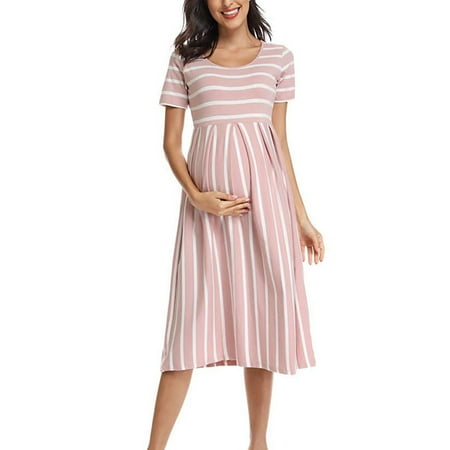 

Levmjia Maternity Dress for Photography Short Sleeve Ladies Summer Fashion Stripe Print Pregnant Woman Clothe Dress