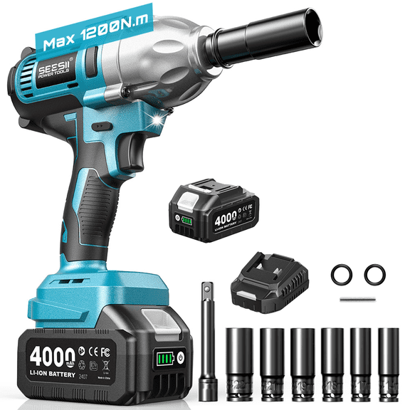 Seesii Cordless Electric Impact Wrench 885 FT-LBS(1200N.m) Bruhless Impact Gun 3300IPM 1/2 High Torque Impact Wrench with 21V 4.0Ah Battery 6 Sockets&Case