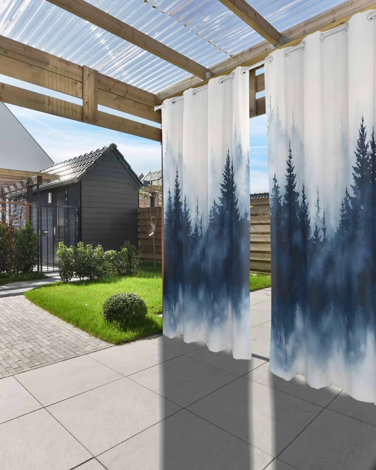 nqOlkjepod Outdoor Curtains for Patio Waterproof, Ink Blue Forest Outdoor Privacy Panels Grommet, Ombre Tree Abstract Art Blackout Outside Curtains for Porch/Cabana/Pergola/Gazebo 54"x84", 2 Panels