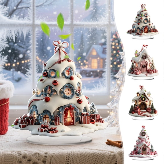 WKSCLPAI Christmas Tree Ornaments, 2D Acrylic Christmas‑Tree‑Shaped House Tabletop Ornaments, Festive Indoor Home Xmas Holiday Party Desktop Decoration Supplies, Style A