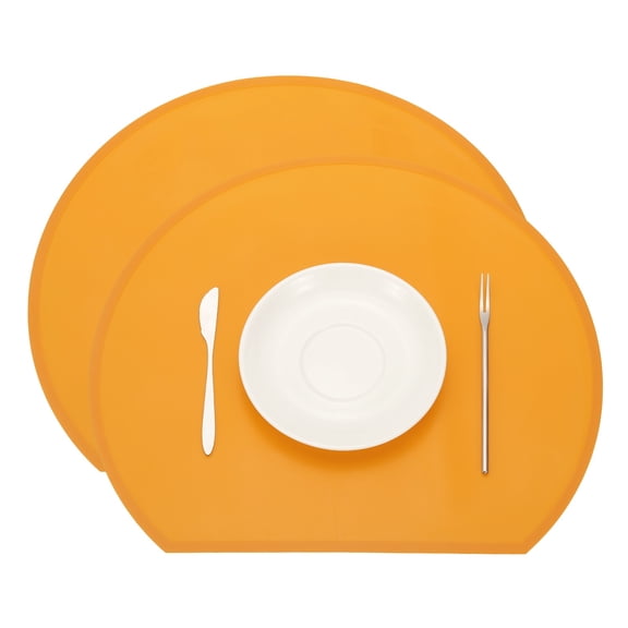 Uxcell Silicone Placemat Set of 2, Heat Resistant Placemats for Dining Table Semicircle Non-Slip Place Mats Easy to Clean Waterproof Oil Proof Kitchen Placemats, Orange
