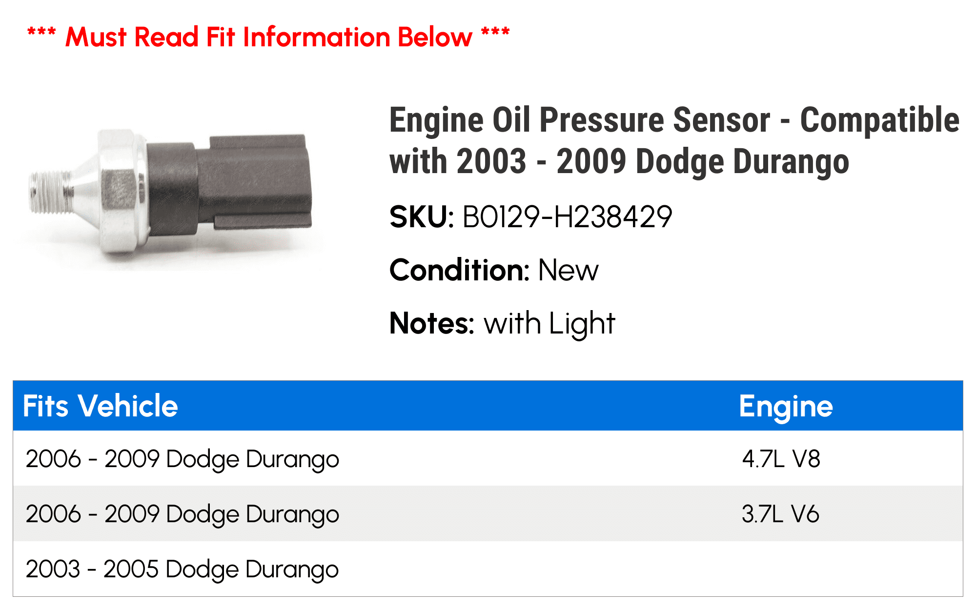 Engine Oil Pressure Sensor - Compatible with 2003 - 2009 Dodge Durango 2004 2005 2006 2007 2008