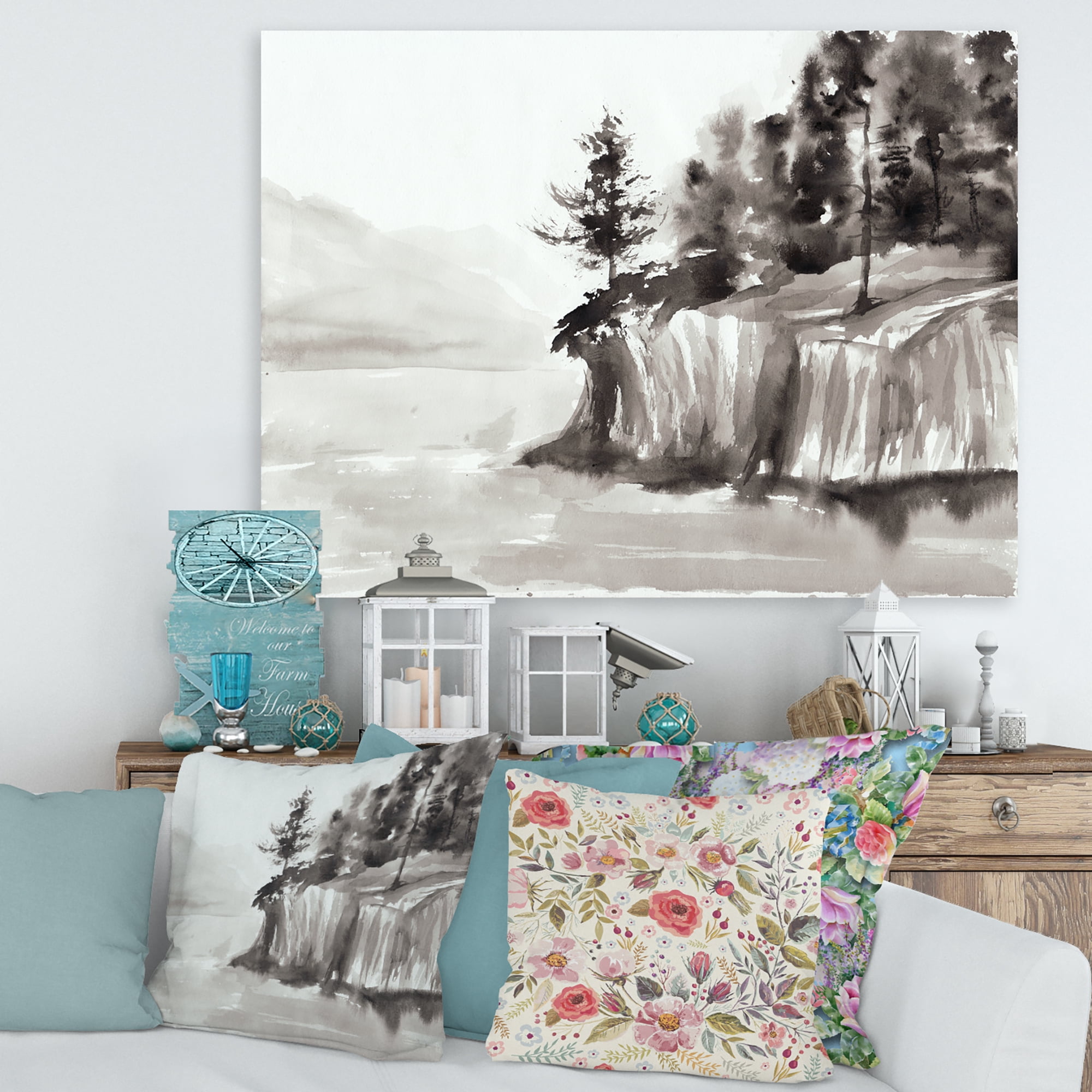Black & White Cliffs By The Lake 40 in x 30 in Painting Canvas Art Print, by Designart