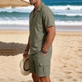 thumbnail image 4 of Eryao Big and Tall Mens Joggers Set 2 Piece Short Sleeve Button Down Shirts Matching Drawstring Shorts with Pockets Summer Lounge Linen Sets,Army Green,M, 4 of 6