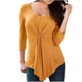 thumbnail image 2 of Royisotas 3/4 Sleeve Plus Size Tops for Women Casual Fall Yellow Solid Color Women Blouses Pleated Crew Neck Comfy Loose Fit Tshirt, 2 of 6
