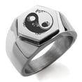 thumbnail image 1 of Stainless Steel Floral Yin Yang Engraved Hexagon Crest Flat Top Biker Style Polished Ring, 1 of 1