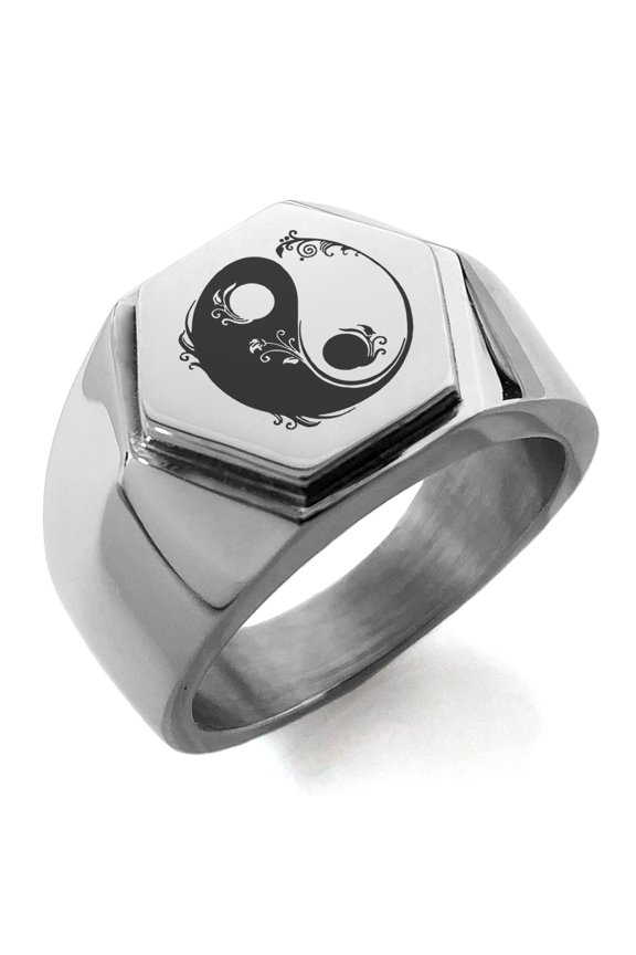 Stainless Steel Floral Yin Yang Engraved Hexagon Crest Flat Top Biker Style Polished Ring