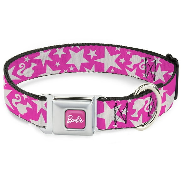 Mattel Pet Collar, Dog Collar Metal Seatbelt Buckle, Barbie Ponytail Silhouette and Star Scattered Pink White, 9.5 to 13 Inches 1.0 Inch Wide