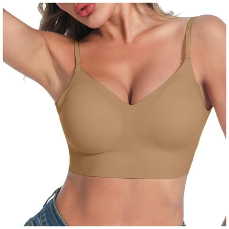 YHGFVOKJ Bras for Women Low Back Wirefree Seamless Underwear Backless Multiway Straps Convertible Bra with Padded Removeable Womens Bras Khaki S