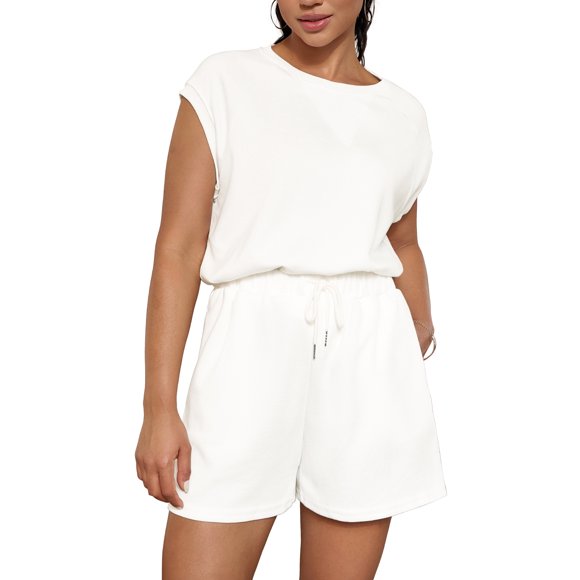 Conjunto de dos piezas de verano para mujer ATHLECHIC, con camiseta de manga corta y cuello redondo, pantalones cortos con cintura elástica, color blanco