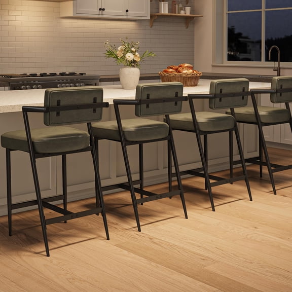 Bar Stools Set of 4 with Armrests, Counter Height Bar Stools of 4 with Backrest, Footrest, Thick Cushion & Thickened Metal Legs for Island, Counter Bar, Kitchen, Rustic Green