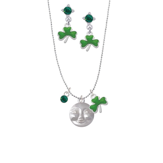 Delight Jewelry Silvertone Happy Moon Green Shamrock Necklace and Clover Earrings Jewelry Set
