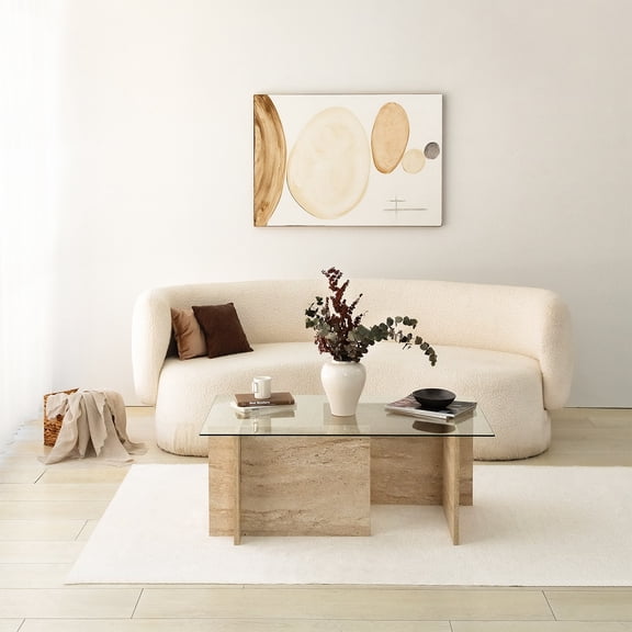 Modern Coffee Table, Travertine Color, 41.3 x 15.7 x 25.6 inches | 100% Glass Top & 100% Melamine Coated Particle Board Base, Thickness: 0.7 inches