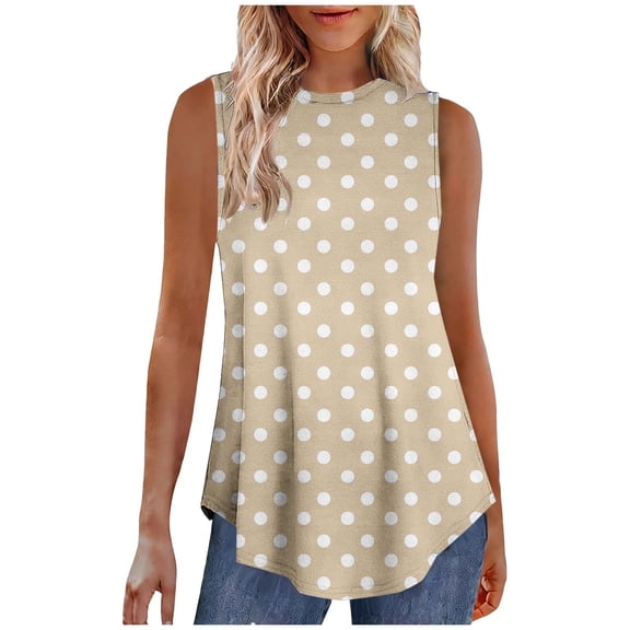 VEKDONE Womens Polka Dot Tank Tops Summer Sleeveless Crew Neck Tunic Tops Casual Loose Fit Flowy Pullover Tanks Fashion Curved Hem Pullover Vest Khaki XXL