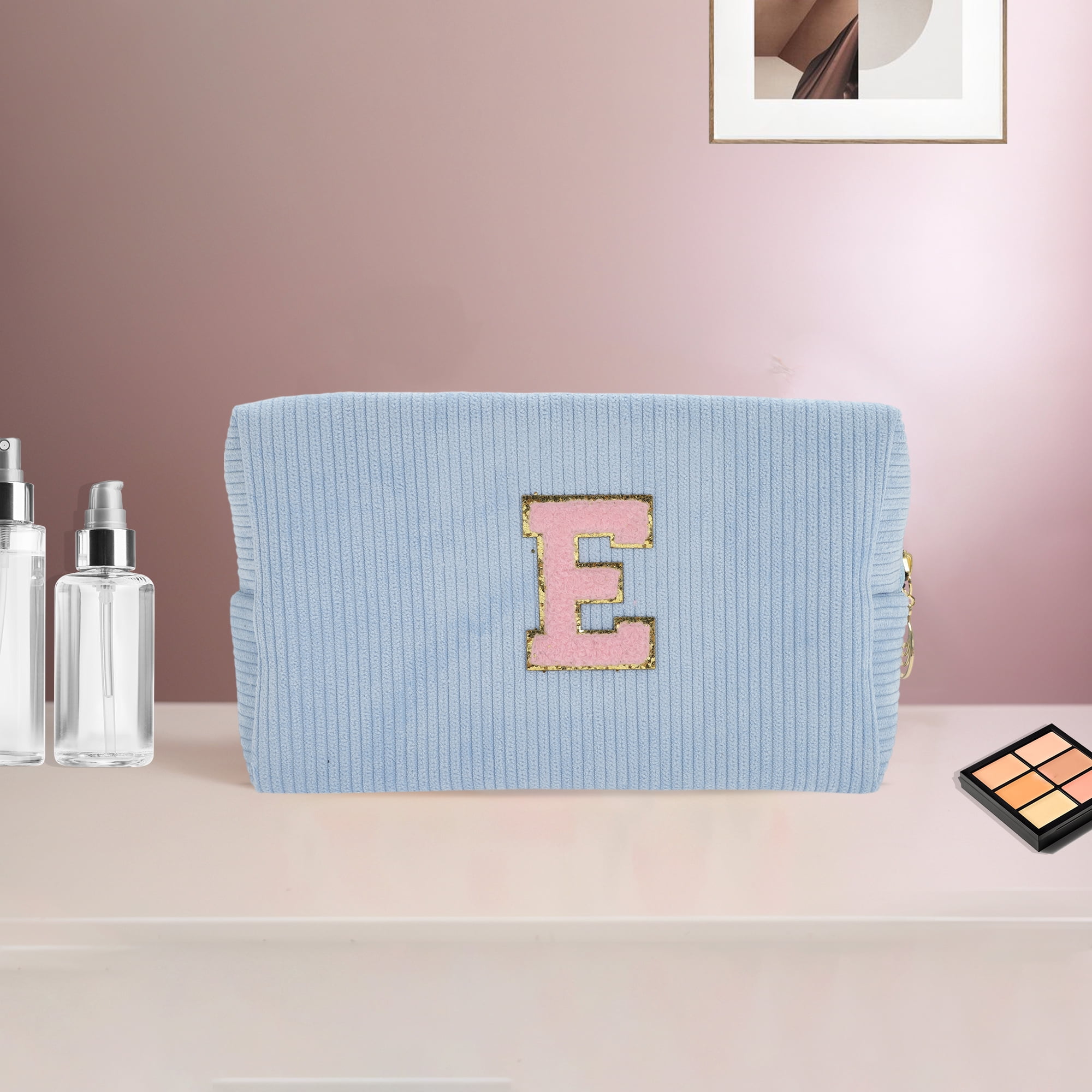 Unique Bargains 1 Pc Corduroy Rectangular Letter Makeup Bag Sky Blue [Letter E]