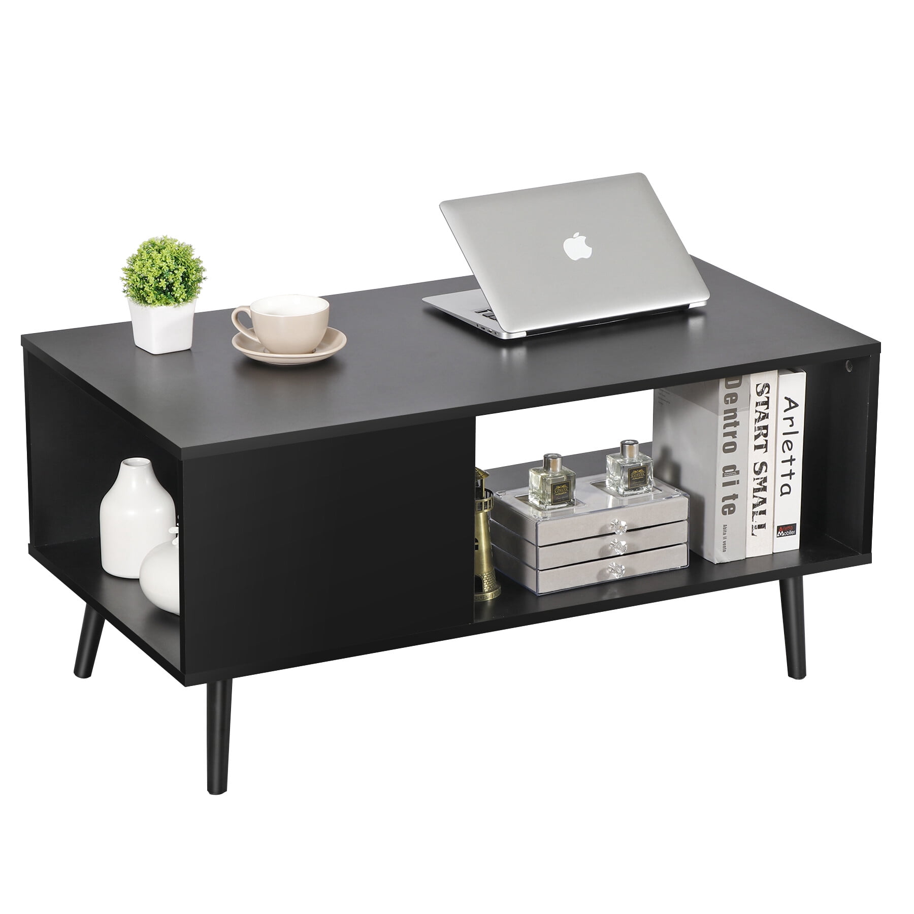 ZENY Wood Frame Mid Century Coffee Table with Open Storage Shelf Livingroom TV Table, Black