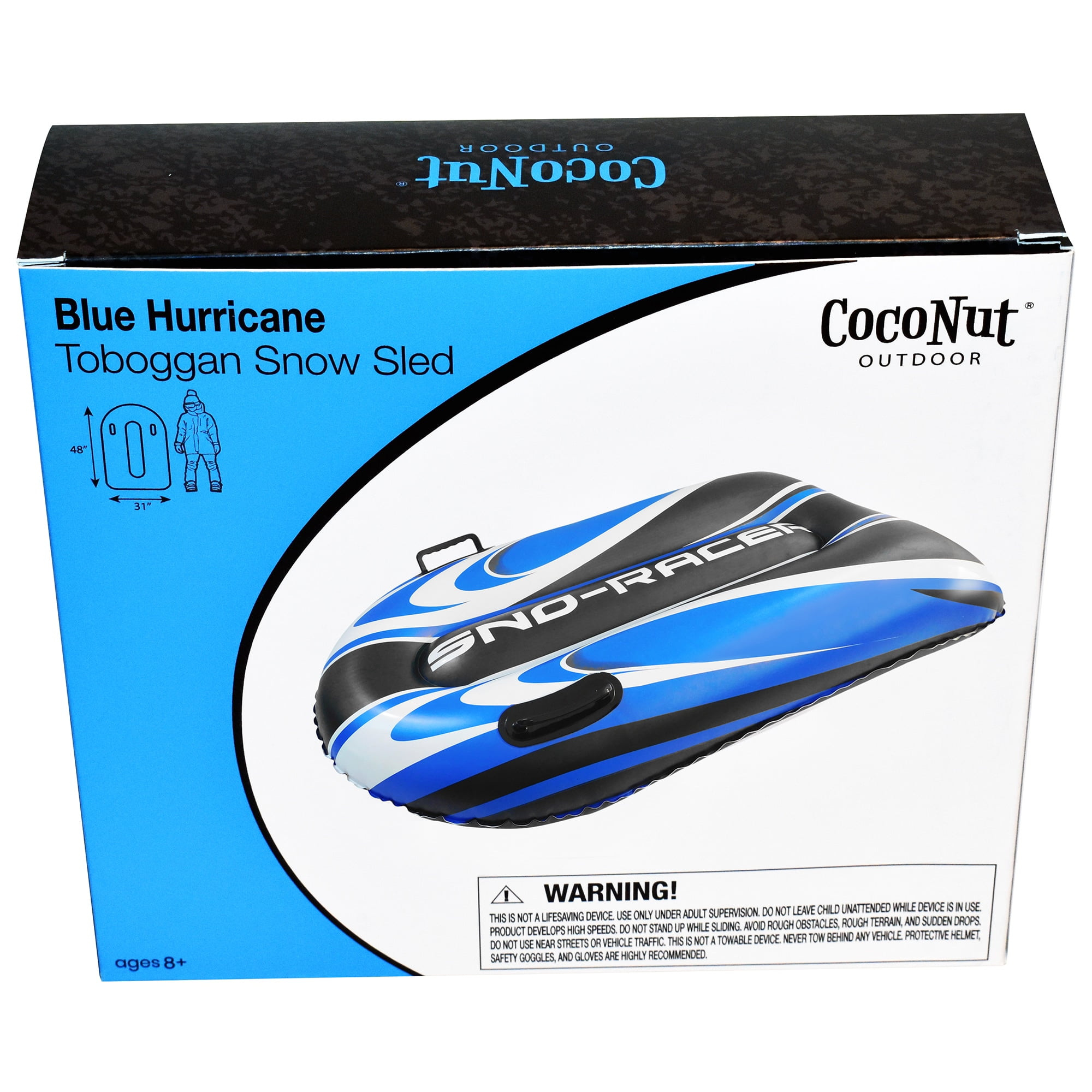 CocoNut Outdoor: Blue Hurricane Toboggan Snow Sled - 48x31" Blue-Black-White, Winter Inflatable, Cold Resistant PVC, 200lb Cap, Kids-Teens-Adults 8+
