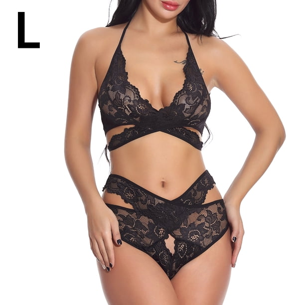 Conjunto de ropa interior de malla de encaje para mujer Lencería sexy Ropa de dormir Ropa de dormir, Negro, L seitruly XX000073-10