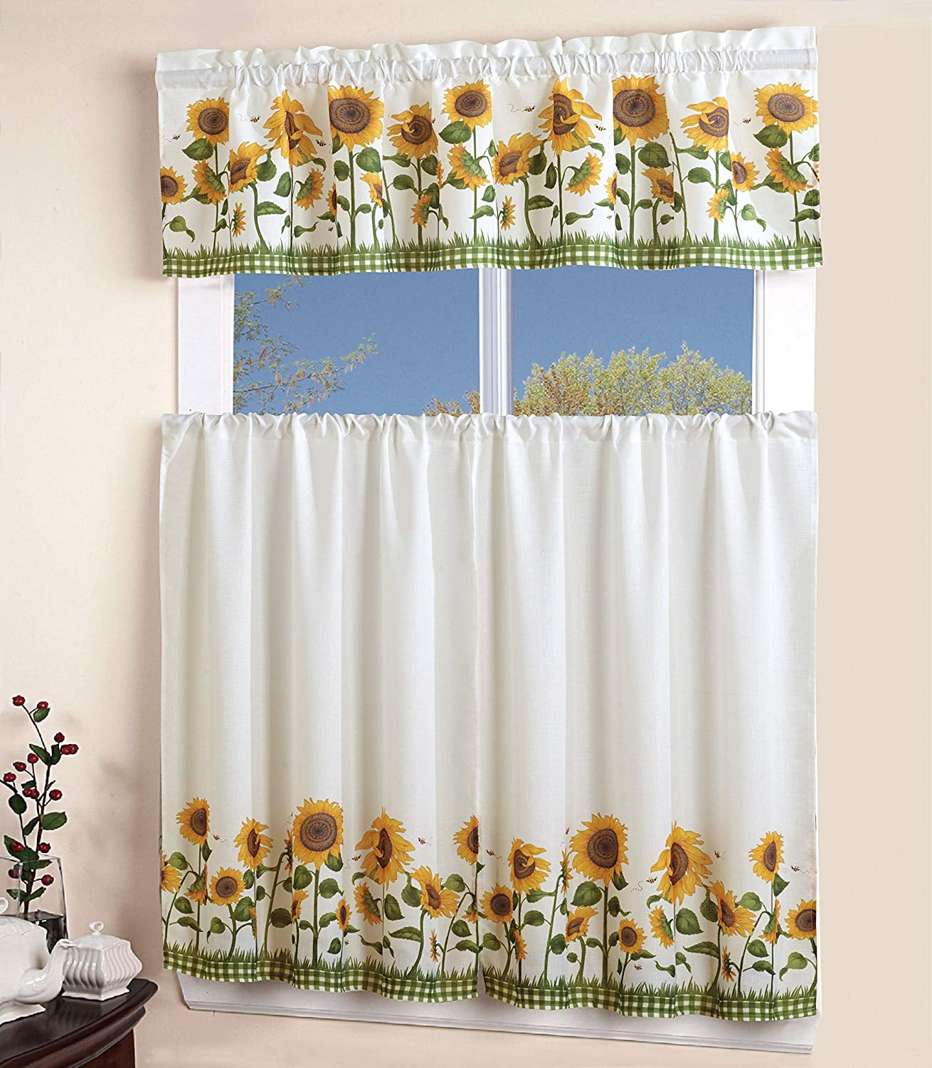 MarCielo 3 Piece Printed Floral Kitchen/Cafe Curtain With Swag and Tier