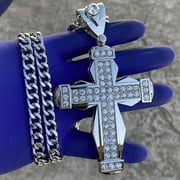 Mens Huge Flared Cross Fully Iced Pendant Cuban Link Hiphop Necklace Silver Tone Hip Hop Chain 30 Inch