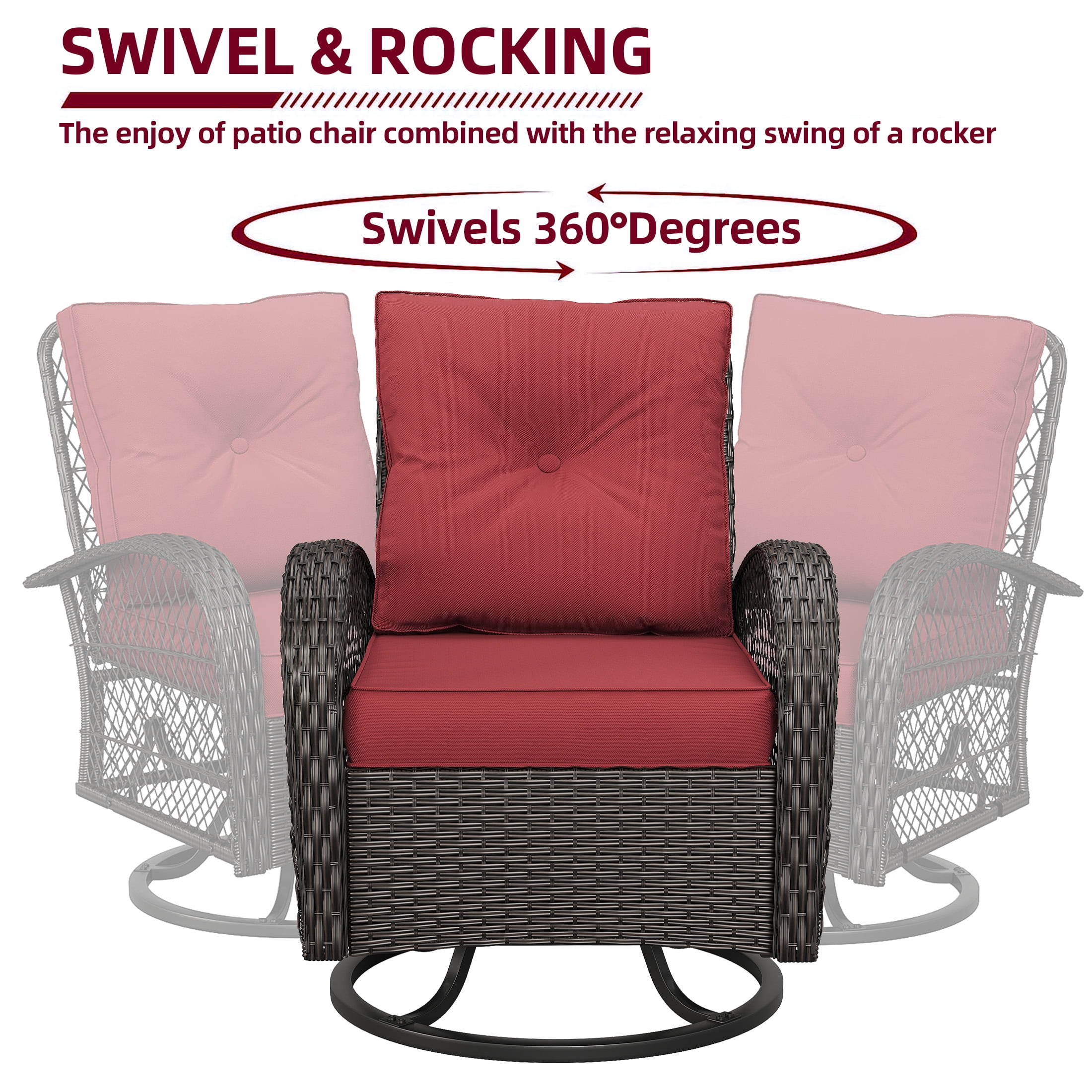 Techmilly 3 Pieces Patio Furniture Set, Outdoor Swivel Gliders Rocker, Glass Top Side Table  (Red)