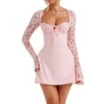 thumbnail image 6 of Women’s Lace Long Sleeve Dress, Low Cut Back Tie Mini Dress Tunic Dress Party Wear, 6 of 10