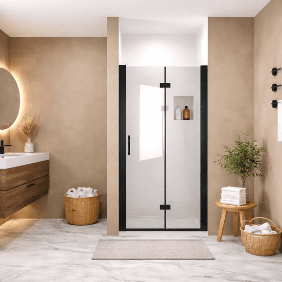 29-28"x 72" Bifold Shower Door, 1/4"(6mm) Tempered Glass, Matte Black Aluminum Frame, Explosion Proof Film