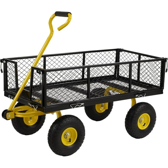 Heavy Duty 1000 Lbs Capacity Mesh Steel Garden Cart, Pullable Garden Wagons Carts on Wheels, Folding Utility Wagon with Removable Sides for Outdoor, Yard, Lawn, Yellow