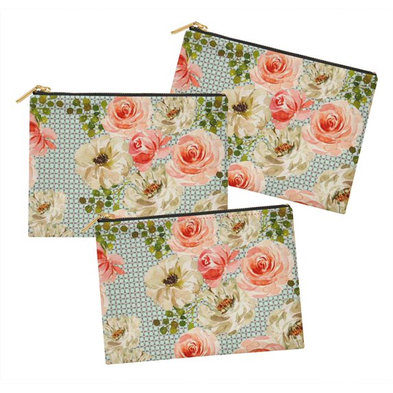 S4Sassy Green Rose & Ranunculus Floral Multipurpose Cosmetic Pouch Pencil Case Make Up Bag Pack of 3-6 x 8 Inches