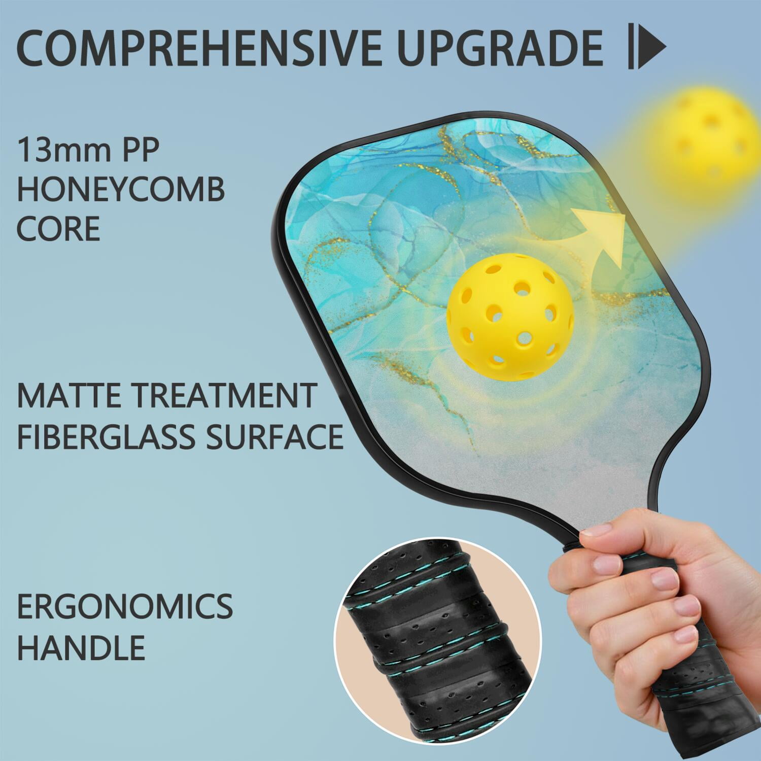 Pickleball Paddles Set Of 1, Fiberglass Surface, Turquoise Marble Pattern, 1 Paddle, 2 Balls & Bag