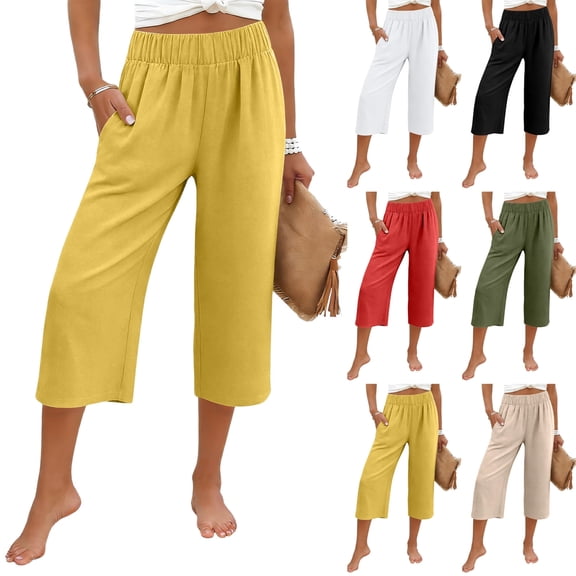 Elastic High Waist Wide Leg Capri Pants for Women Cotton Linen Casual Lounge Cropped Pants Lightweight Breathable Side Pockets Yellow M